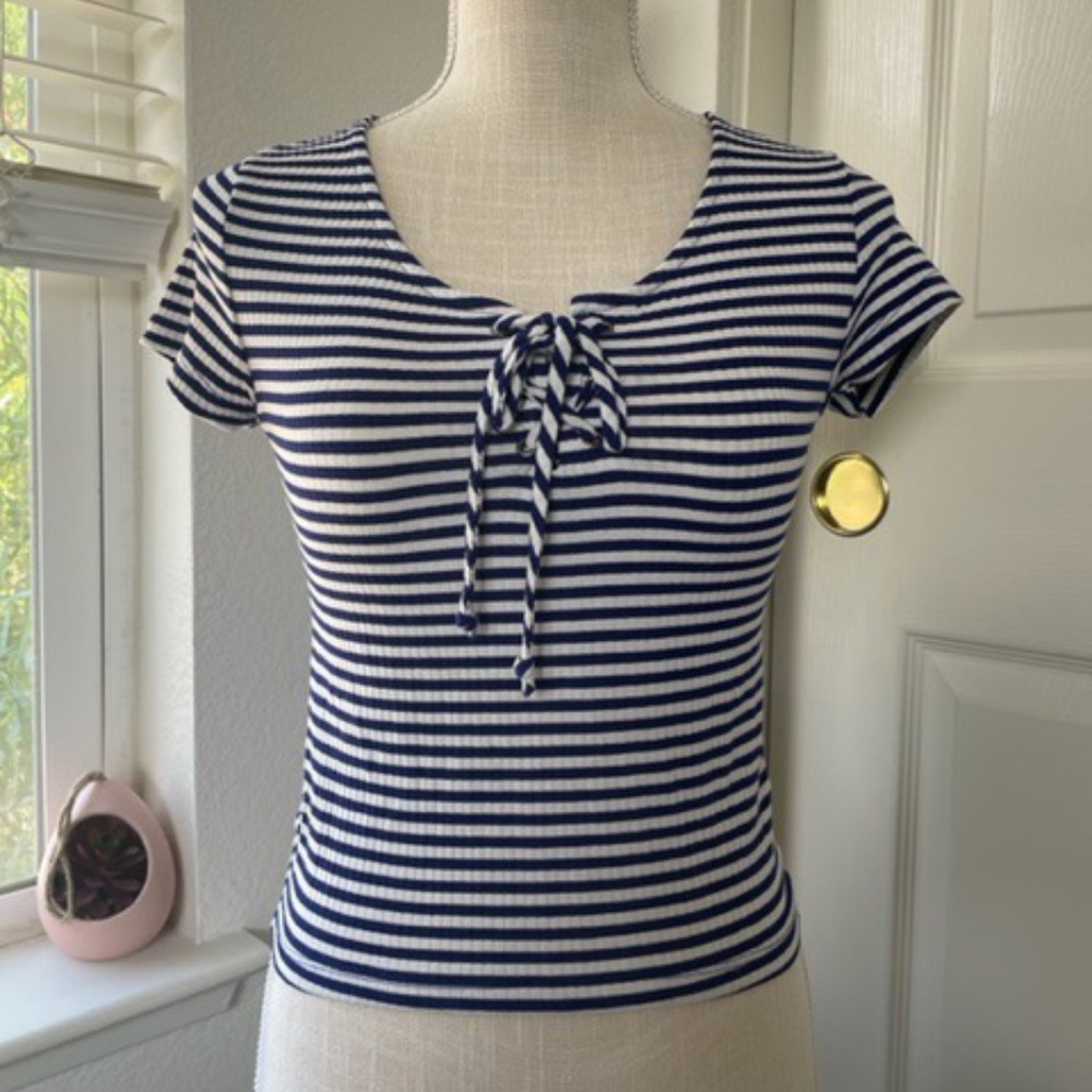Active USA | Blue & White Striped Bodycon Tie-Front Top – Size S